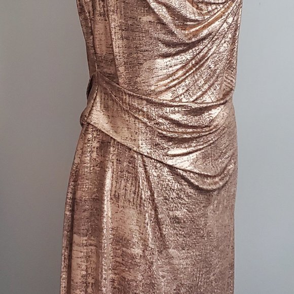 NWOT* Women's Ruched Party Dress Rose Gold Metallic & Black Cowl Neck Size 12 - Picture 3 of 12